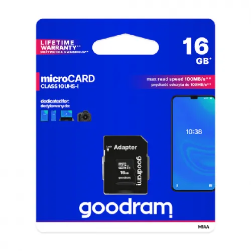 GOODRAM-microSD მეხსიერების ბარათი ადაპტერით 16GB, class 10 UHS1, 100mb/s