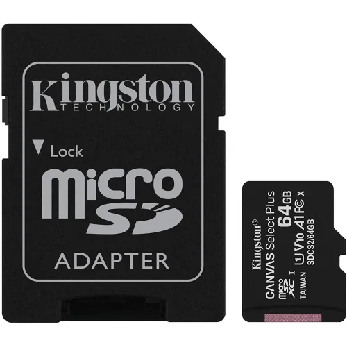 Flash Card/ Kingston 64GB microSDXC Canvas Select Plus 100R A1 C10 Card + Adapter