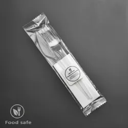 ერთჯერადი დანა, ჩანგალი + ხელსახოცი.